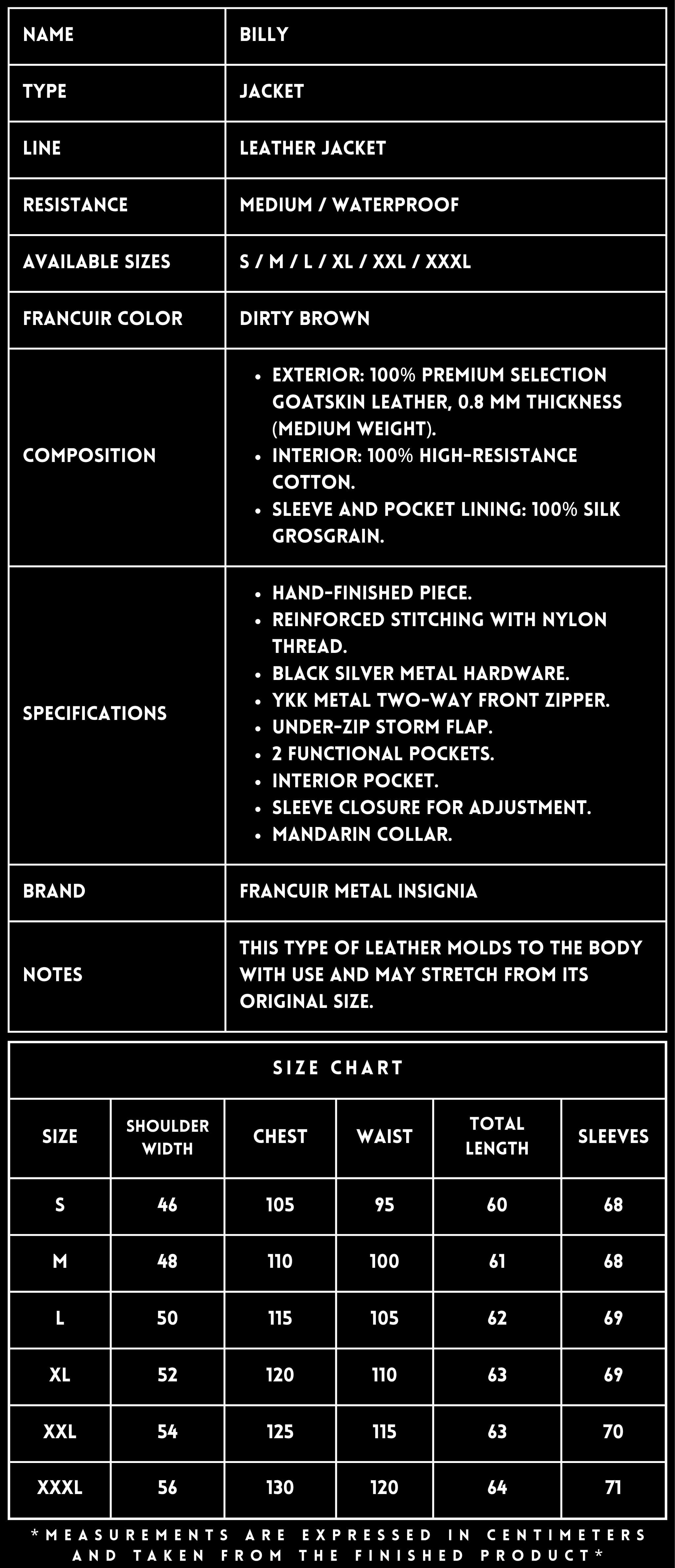 TECHNICAL SPECIFICATIONS_LEATHER JACKET_BILLY DIRTY BROWN_FRANCUIR